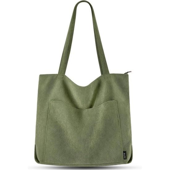Sac à Main Femme En Velours Côtelé - Grand Cabas Bandoulière - 38x16x28cm - Multi-Poches