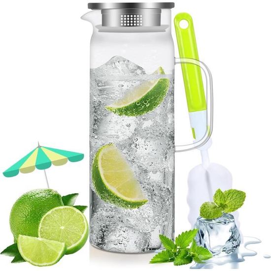 Amalfi Carafe En Verre - 2 Litres Avec Couvercle Acier Inoxydable-Bambou Insert À Fruits Anti
