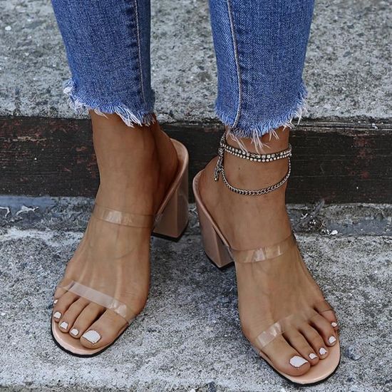 Sandale talon carré beige shop