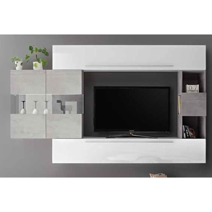 LUDOVICA 20 LAQUE BLANC ET BETON ENSEMBLE COMPOSITION MURALE MEUBLE TV TENDANCE