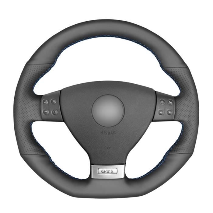 Housse de volant de voiture en cuir artificiel PU noir cousu à la main, pour Volkswagen VW Golf GTI 5 Black thread