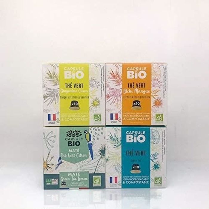 CAPSUL BIO coffret thés detox 4 boîtes Thé vert bio natureThé vert bio Litchi MangueThé vert bio Gingembre Citron et Maté Thé