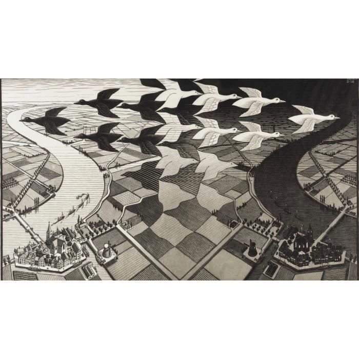 Poster Affiche Oiseaux Paysage Escher Dessin Litographie Art Moderne Illusion 31cm x 55cm
