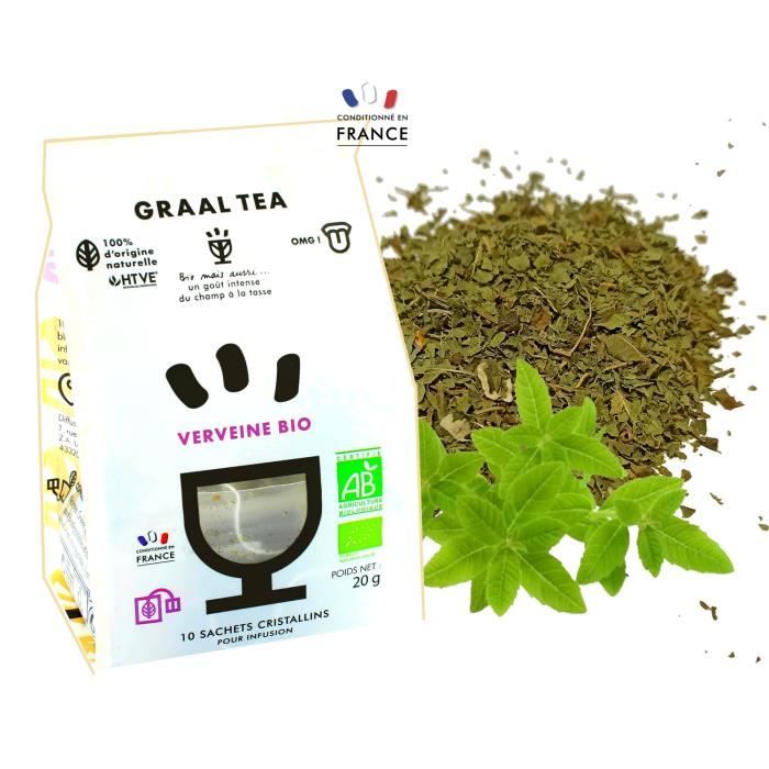 GRAALTEA - Infusion Dégustation - Verveine BIO en Sachet - 100% d'Origine Naturelle - Made in France - 1 Paquet x 10 Sachets Cristal