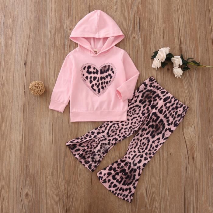 Nouveau-né bébé filles ensemble chandail à capuchon et pantalon imprimé léopard coeur diamant - Noir