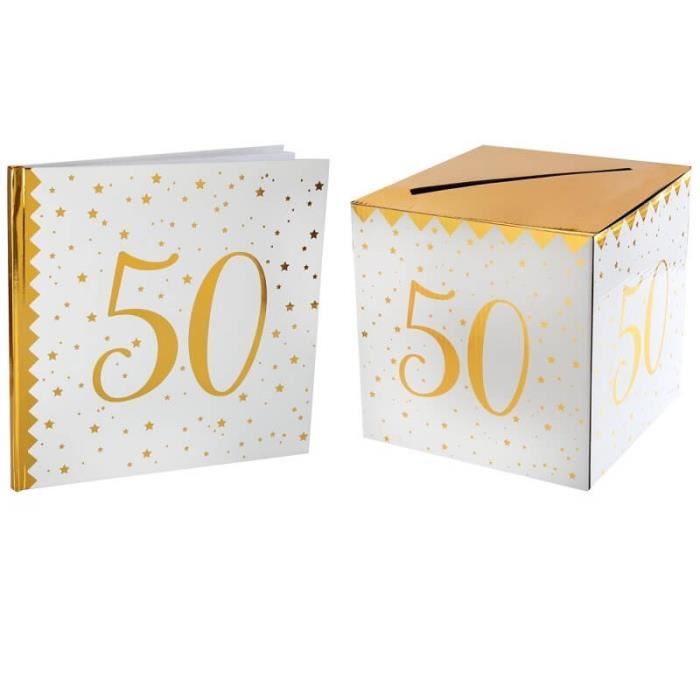 1 Pack urne et livre d'or anniversaire or et blanc 50ans