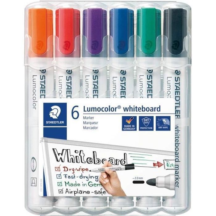 Staedtler Lumocolor Marqueurs pour tableau blanc effaçables à sec, Sans xylène ni toluène et quasi-inodore, Pointe ogive de 2 mm, 6