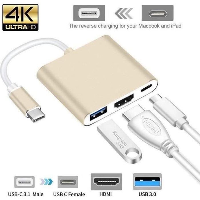Adaptateur USB C vers HDMI 4K, 3 en 1Adaptateur Type C Hub vers HDMI Convertisseur avec Port USB 3.0 et Port de Charge C USB