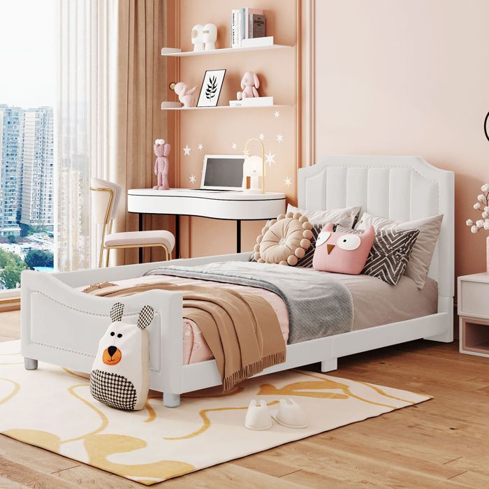 Lit enfant 90x200cm en flanelle lit simple avec dossier accoudoir sommier à lattes peut être utilisé comme canapé-lit Beige