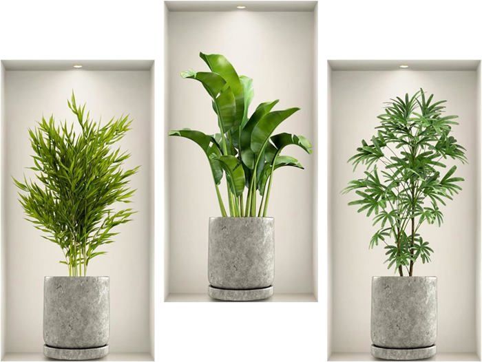 3 Autocollants Muraux 3D Plantes Vertes - Stickers Végétaux Imperméables 30x60cm Pour Salon Chambre Cuisine