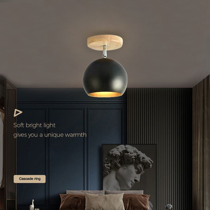 SNOGOLD Plafonnier Moderne Scandinave E27 Luminaire Abat-jour Sphérique Ø15cm Noir Macaron pour Salon Chambre Base en Bois