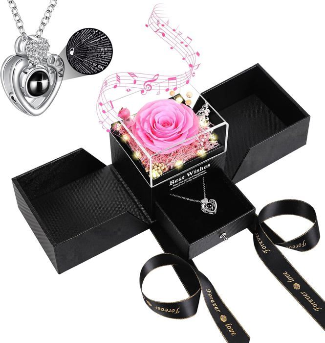 Coffret Rose Éternelle Avec Collier - Cadeau Femme Original, Anniversaire, Saint-Valentin, Fête Des Mères