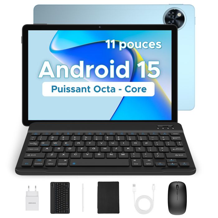 Tablette tactile 11 pouce DOOGEE U11 Avec clavier 4+5 Go étendue + 128 Go Batterie 8580mAh Android 15 Widevine L1WiFi6 PC – Bleu