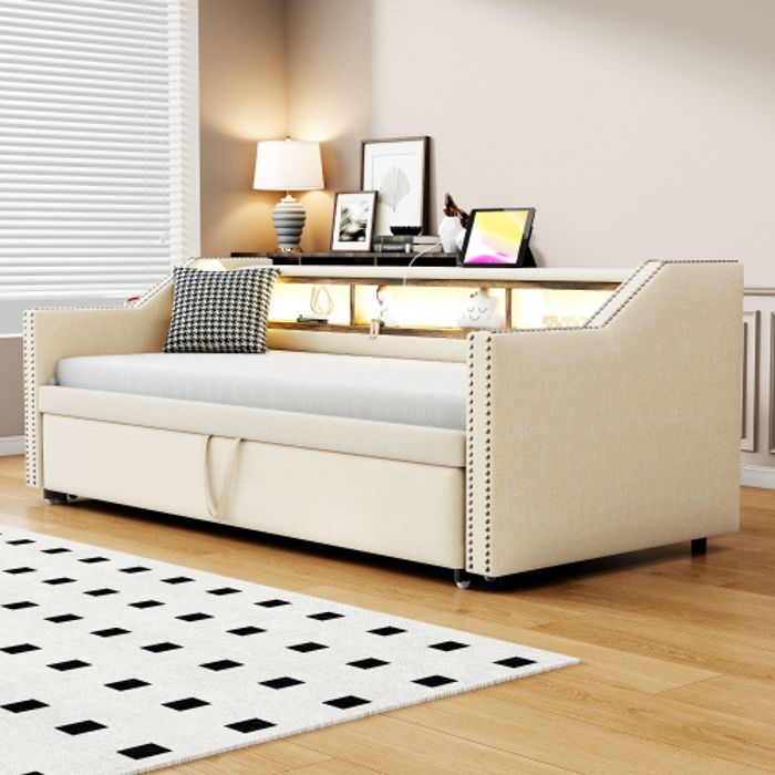 Canapé-lit 1 Personne 90x200cm Avec Tiroirs Et éclairage LED - Banquette Rembourrée, Ports USB, Sommier à Lattes - 9
