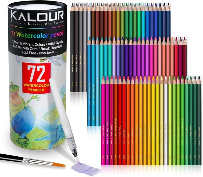 Lot De 72 Crayons Aquarelle Kalour – Avec Pinceau Et Stylo Eau, Hexagonaux, Pour Artistes, Techniques Sèche/humide