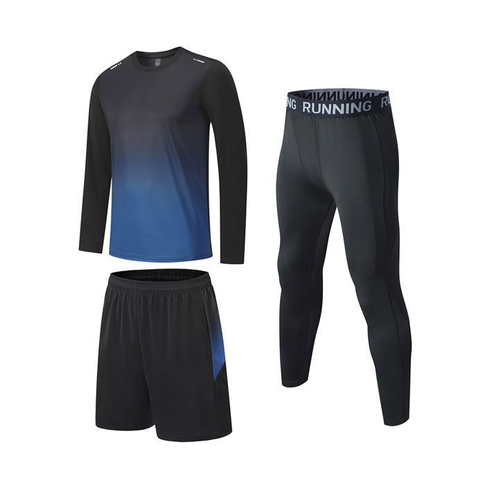 Ensemble de Sport Homme 3 Pièces Vetement Tenue de Sport T-Shirt Short et Legging Sport Pour Running Fitness - Noir Bleu