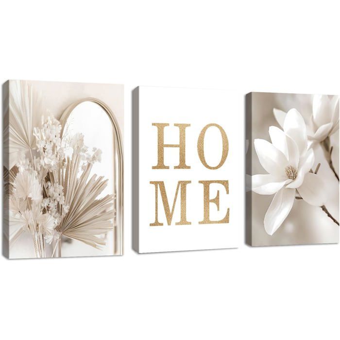 Image sur Toile 3Pcs Boho Beige Blanc Accueil Magnolia Nordique Décoration Murale Salon 30x40cmx3 Avec cadre.
