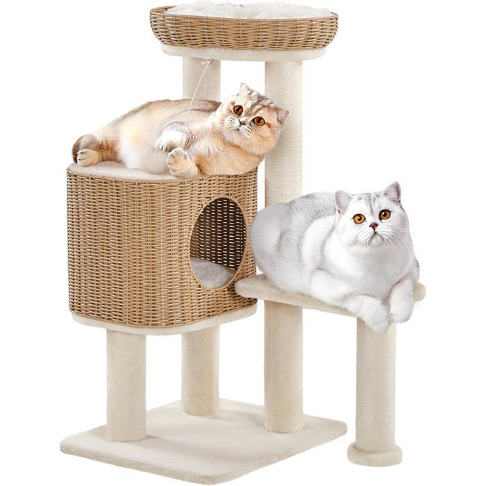 Meilleurs prix pour Arbre À Chat En Rotin 91 Cm Tour Pour Chats 10 Kg Griffoir En Sisal Avec Niche/Coussin/Panier Supérieur Souple/Poteaux À