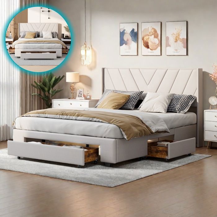 Lit rembourré 160 x 200 cm Lit double en lin beige Cadre de Lit avec espace de rangement sommier à lattes 3 tiroirs Beige