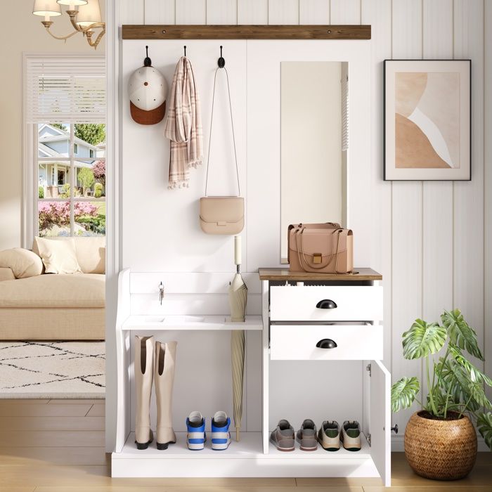 Ensemble vestiaire dentrée - MODERNLUXE -110.5x38x191cm - Miroir Intégré et crochets - 2 Tiroirs et 1 porte - Blanc Ensemble vestiaire dentrée - MODERNLUXE -110.5x38x191cm - Miroir Intégré et crochets - 2 Tiroirs et 1 porte - Blanc