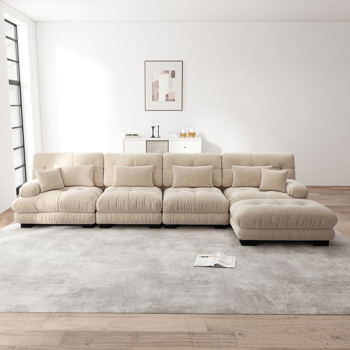 Canapé d'angle modulable 4 places en L avec pouf amovible en chenille ...
