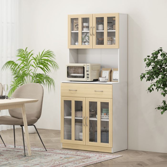 Buffet Armoire de Cuisine Multi-Rangement 4 Portes vitrine Verre avec étagère tiroir Coulissant Grand Plateau en Bois chêne Clair