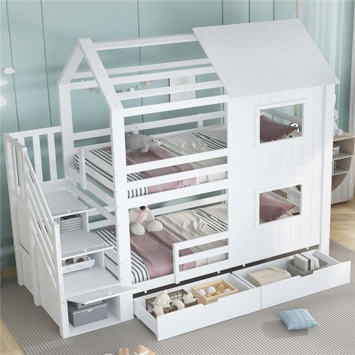 Lit suprposé styl caban 90*200 cm, avc chminé, rangmnt t barrièr d sécurité, blanc au millur prix
