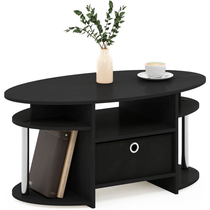 Table Basse Ovale Furinno Jaya avec Poubelle Bois Ingénierie Noir/Acier Inoxydable