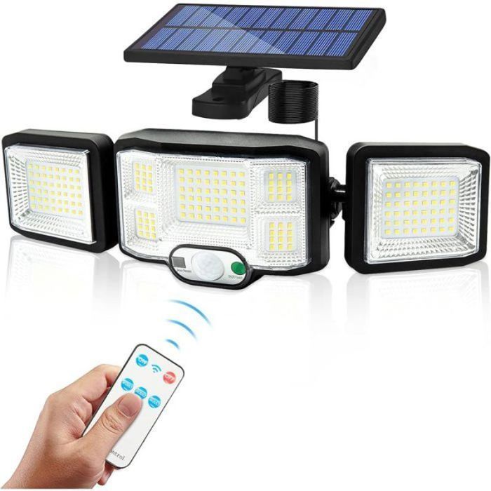 Solaire Lumiere Exterieur Applique Murale Luminaire LED 3 Têtes 192 LEDs Detecteur Mouvement Sécurité Projecteur Eclairage YYV
