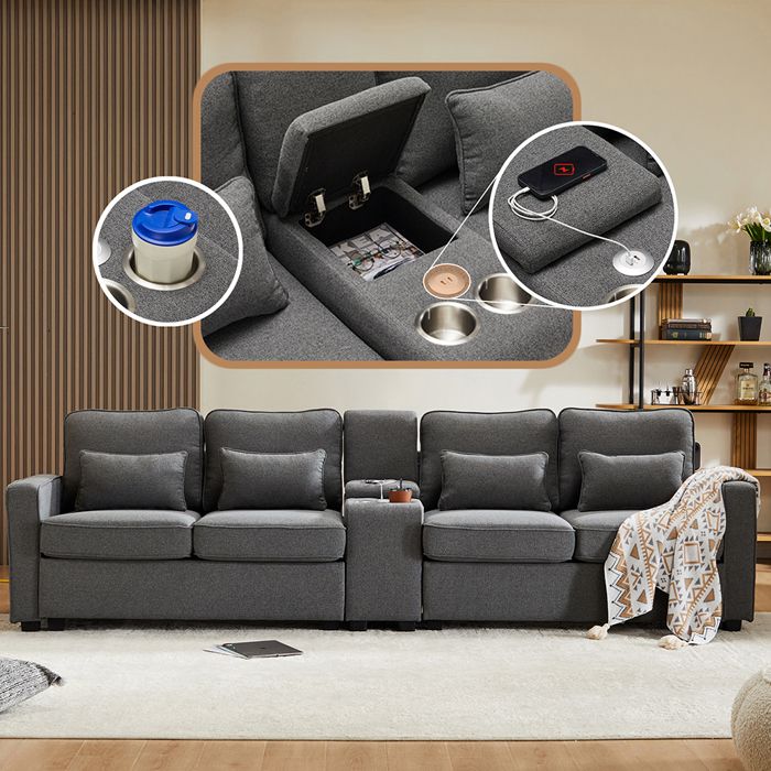 Canapé 4 places avec console 2 porte-gobelets 2 ports USB Poches sur les accoudoirs et 4 coussins Lin Gris foncé