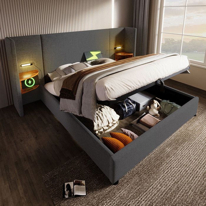 Lit coffre rembourré 160x200 cm avec dossier long table de chevet lampe de lecture USB Type-C hydraulique rangement lin gris