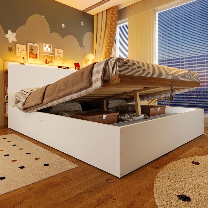 Lit coffre lit à panneaux lit double 140x200 cm hydraulique avec port USB Type-C LED sans matelas rangement blanc et naturel