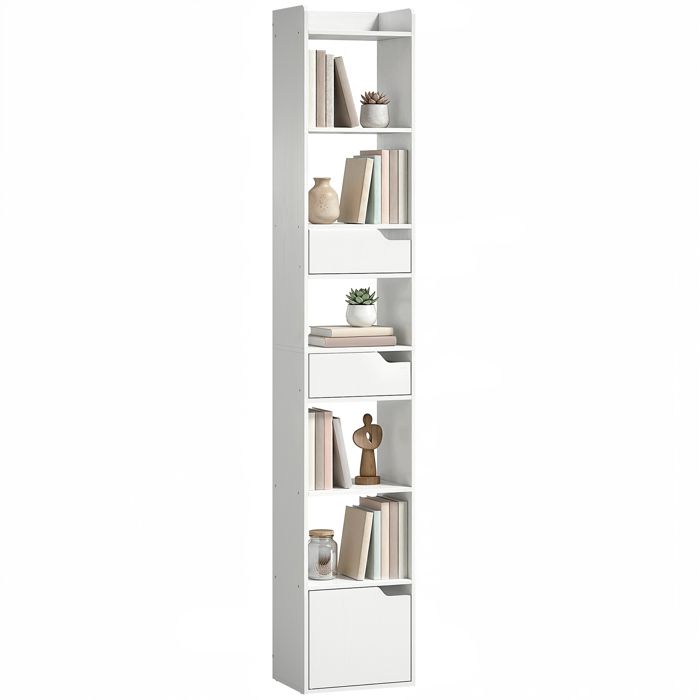 Bibliothèque - HOMCOM - porte 2 tiroirs compartiments ouverts - bois - 32 x 24 x 1815 cm - blanc