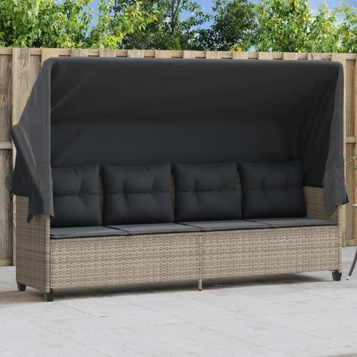 LE SOLDEChaise longue - PARAJIE - Chaise-CANAPÉ DE JARDIN - avec auvent et coussins gris clair résine tressée 204x75x140cm @531015
