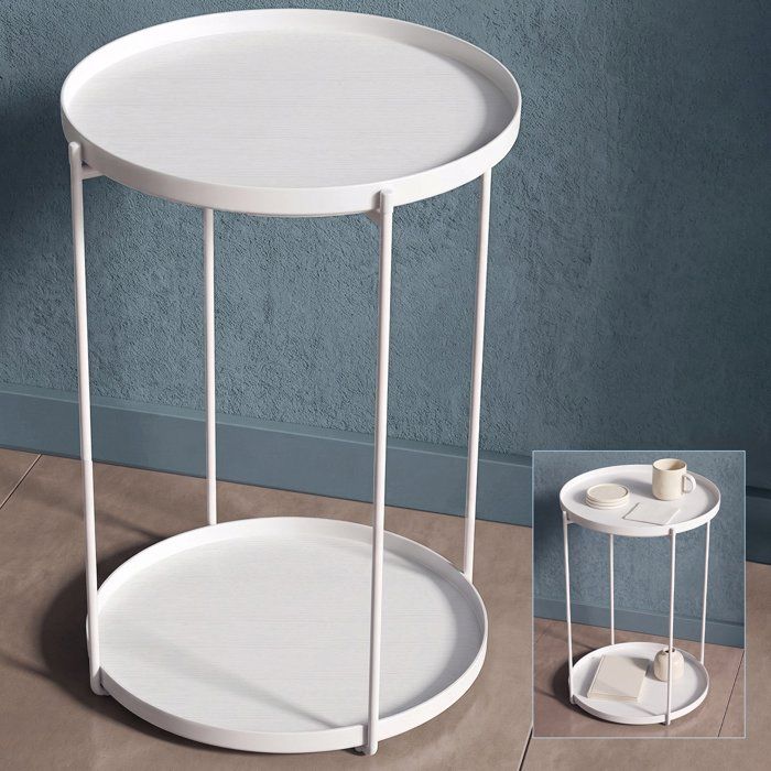 doporro Table dAppoint Ronde Bout de Canapé à 2 Étagères Amovibles Table Basse Blanc Plateaux en Papier Tressé Reglo-08