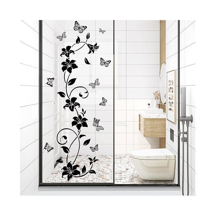 Stickers Muraux Fleurs Noires Autocollant Décoratif Noir pour Salle de Bain Porte Salon Frigo OBJET DE DECORATION MURALE