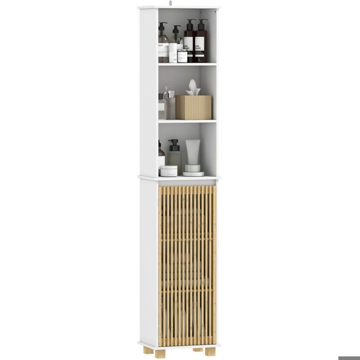 Colonne salle de bain. meuble salle de bain rangement avec porte à lattes en bambou et compartiments ouverts. blanc
