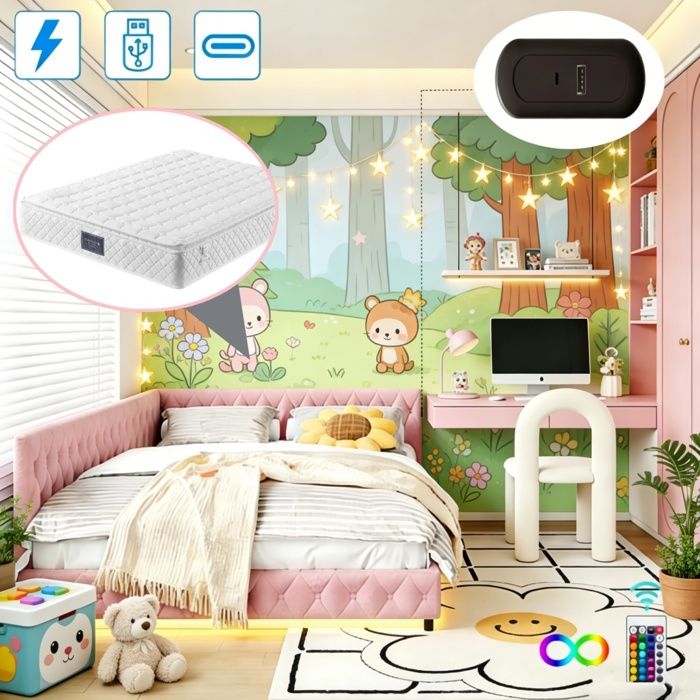 Canapé-lit rembourré 140x200cm avec LED et USB Lit double avec sommier à lattes pour enfant ado avec Matelas Velours teddy Rose