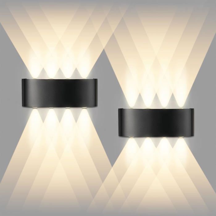Lot de 2 Applique Murale LED Noir 8W Intérieur Exterieur Murale IP65 Lampe Blanche Chaude 3000K Murales [Classe énergétique C]