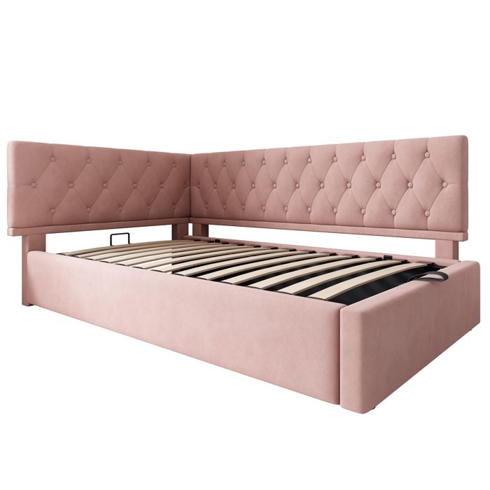 Lit banquette 90x190 rose en velours avec coffre hydraulique et sommier bois pour enfant et ado sans matelas