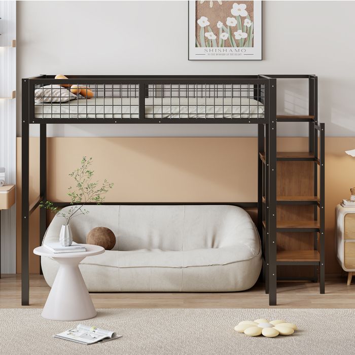 Lit surélevé 140x200 avec échelle structure métallique noire rangement et armoire intégrée