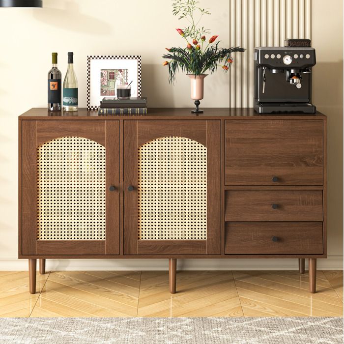 WOVREO buffet bas style campagne 130 x 40 x 755 cm avec 2 portes en rotin 3 tiroirs et étagères réglables