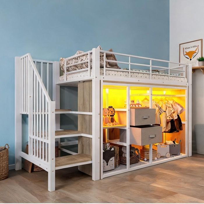 Structure de lit mi-hauteur 90x200 cm métal blanc avec penderie tiroirs et éclairage LED