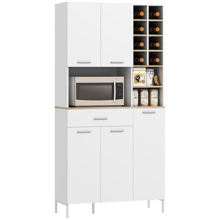 Buffet de cuisine - MINIMAL - 5 portes - Étagères réglables - Porte-bouteilles 8 vins - Finition blanc imitation chêne