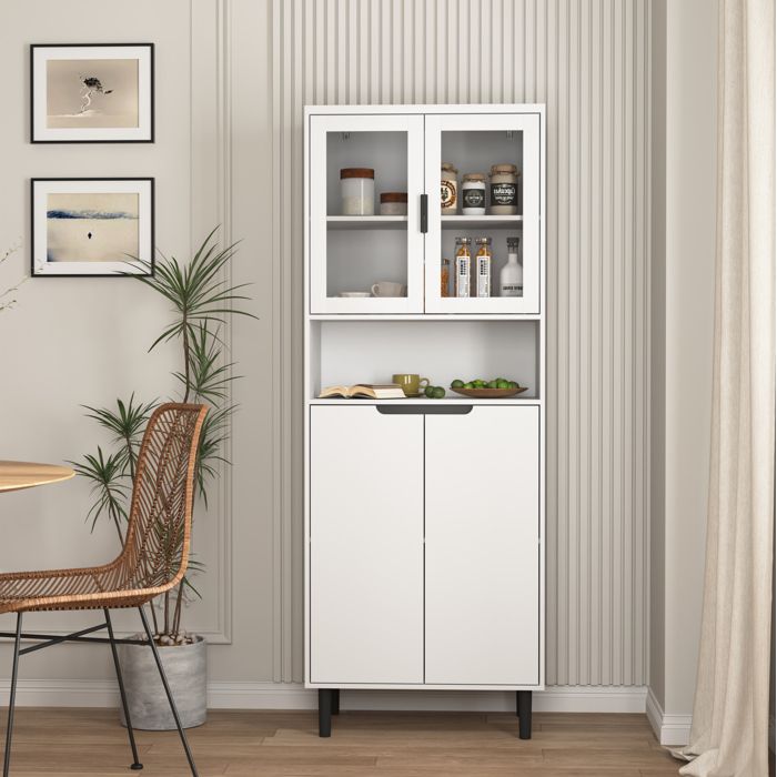 Vitrine Haute 4 Portes Niche Ouverte et Étagère Réglable Verre Trempé - HAVRYA - MDF Laqué Blanc 60×35×160 cm