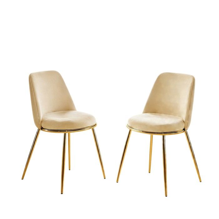 Lot de 2 chaises de salle à manger modernes blanc crème tissu velours pieds en métal doré dossier haut