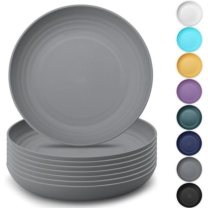 Assiettes Service de Table 8pcsincassable et réutilisable Assiettes légères Pâtes et boulettes 8gris ENSEMBLE USTENSILES