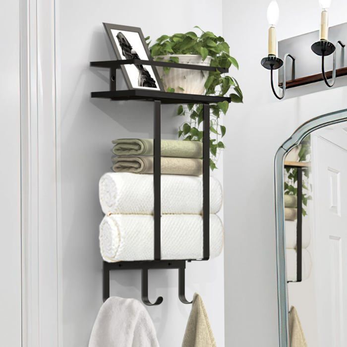 Porte-Serviettes de Salle de Bain Mural Support Serviettes de Bain avec 3 Crochets Étagère de Rangement de Bain Peut Contenir