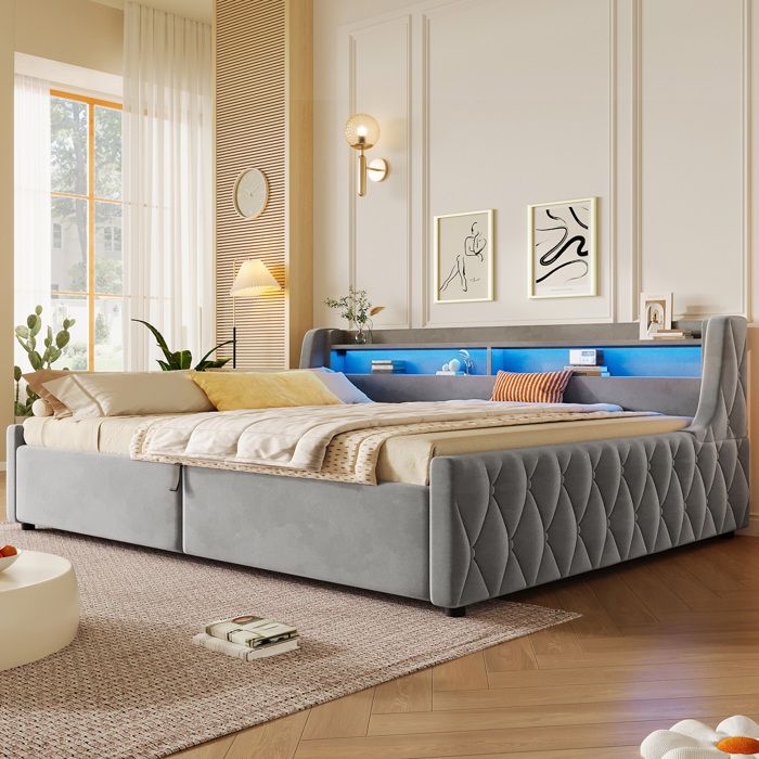 Lit coffre 140x200 gris avec LED tête de lit capitonnée et ouverture hydraulique sans matelas