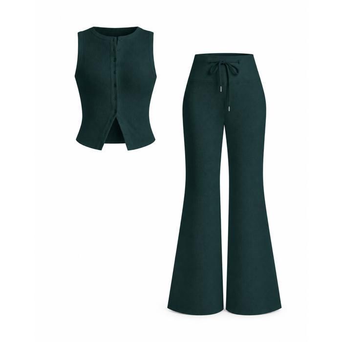 ENSEMBLE DE VETEMENTS DE SPORT Ensemble femme débardeur boutonné sans manches pantalon large taille haute côtelé S-XXL vert foncé
